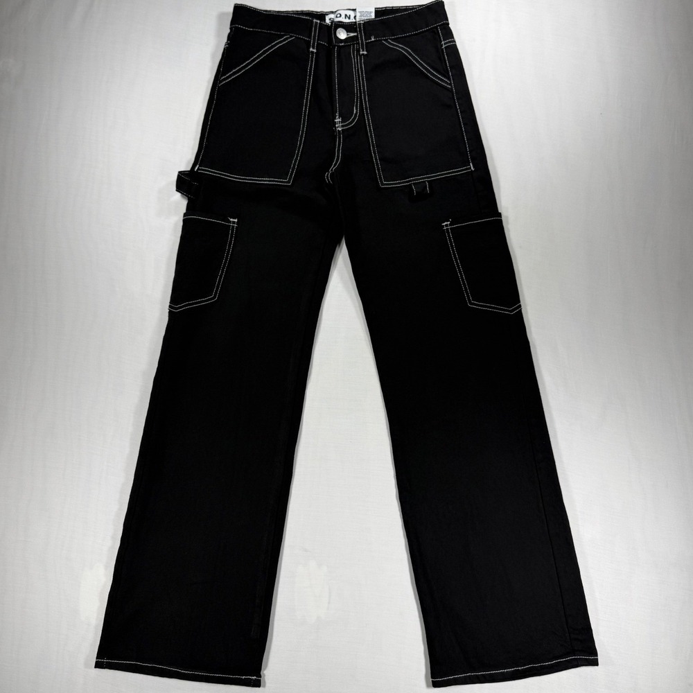 SONG Womens Low Rise Slouchy Baggy Jeans Black White Contrast Stitch Size 00/23